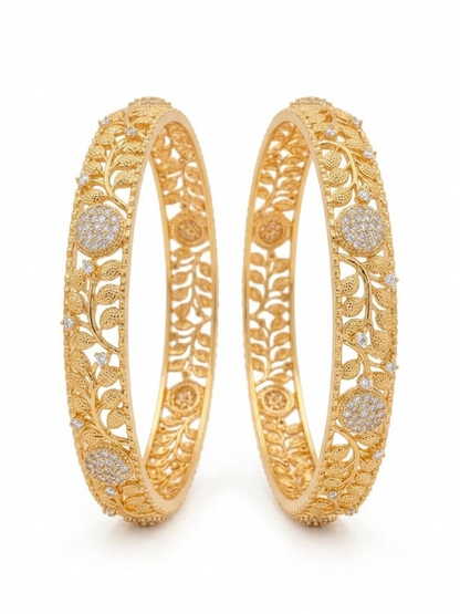Elegant Gold Floral  & leaf  CZ & Pink Stone Designer Bangle Set
