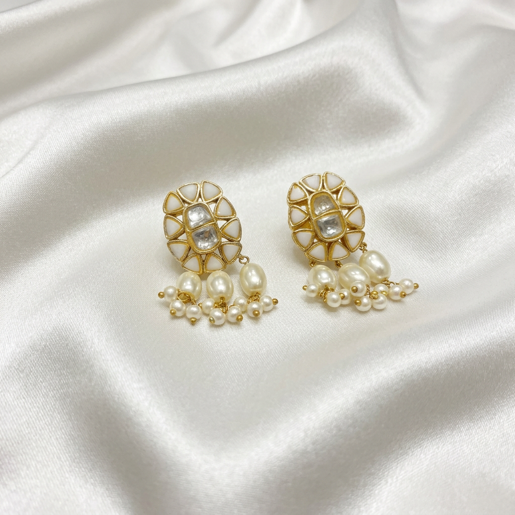 Elegant Kundan & Pearl Drop Earrings | Traditional Oval Studs