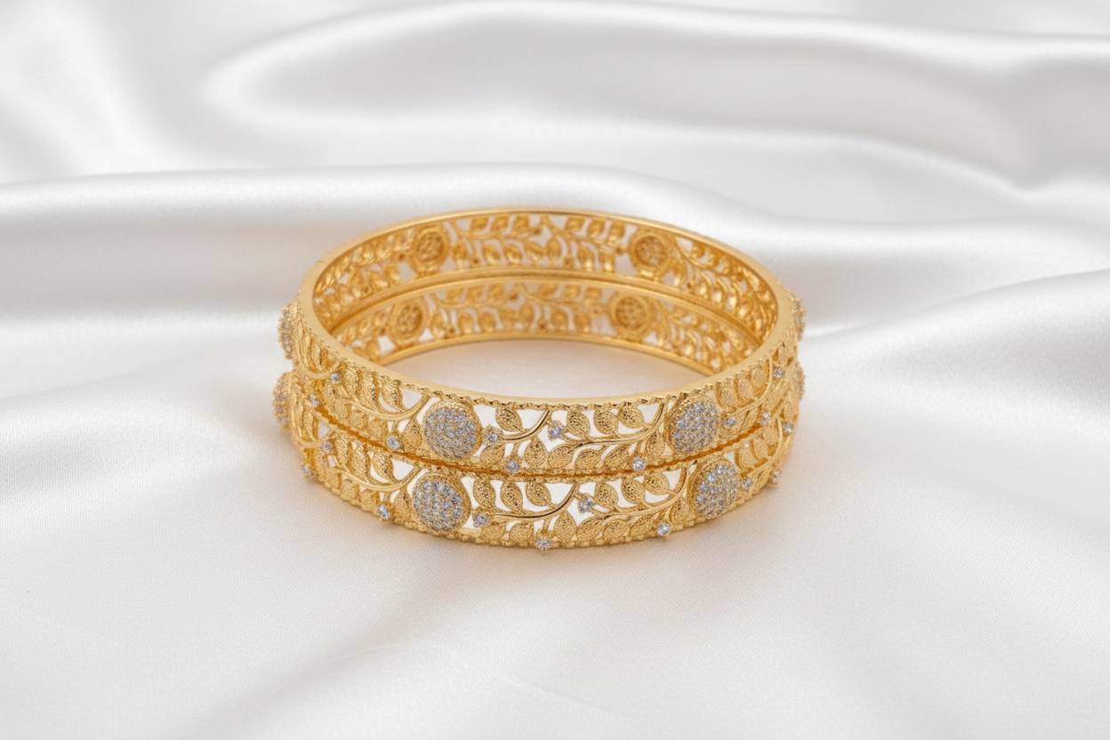 Elegant Gold Floral  & leaf  CZ & Pink Stone Designer Bangle Set