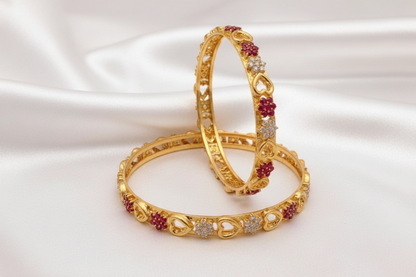 Gold Plated Ruby & White Stone Floral Heart Designer Bangle Set