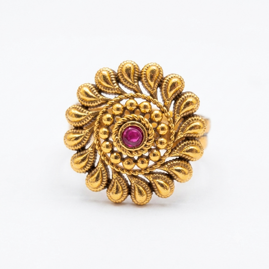 Matte Gold Mango Motif Radial Ruby Stone Finger Ring