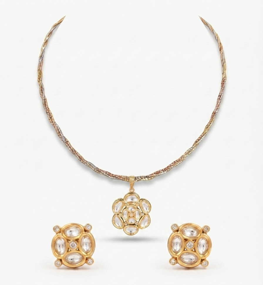 Delicate Gold Plated Floral Pendant Necklace and Stud Earrings Set