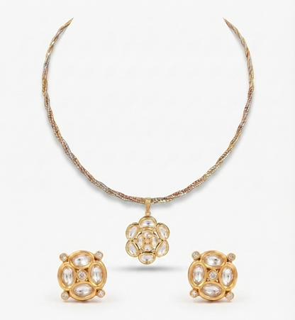 Delicate Gold Plated Floral Pendant Necklace and Stud Earrings Set
