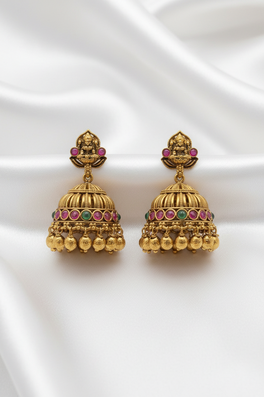Gold-Plated Antique Goddess Lakshmi Motif Multi-Color Stone Jhumkas