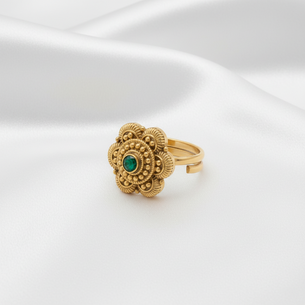 Traditional Antique Finish Ruby  Pin & Emerald Green  Stone Sunburst Ring