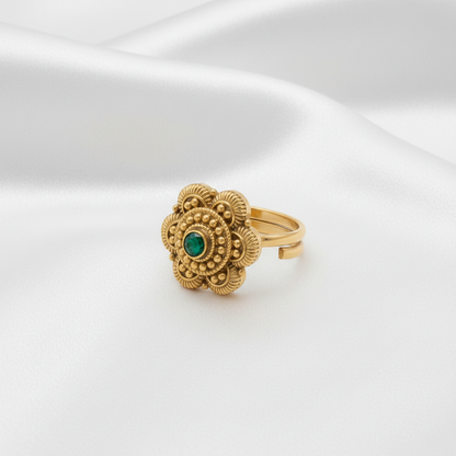 Traditional Antique Finish Ruby  Pin & Emerald Green  Stone Sunburst Ring