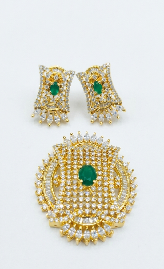 Gold-Plated CZ Green Rectangular Geometric Pendant Set with Earrings