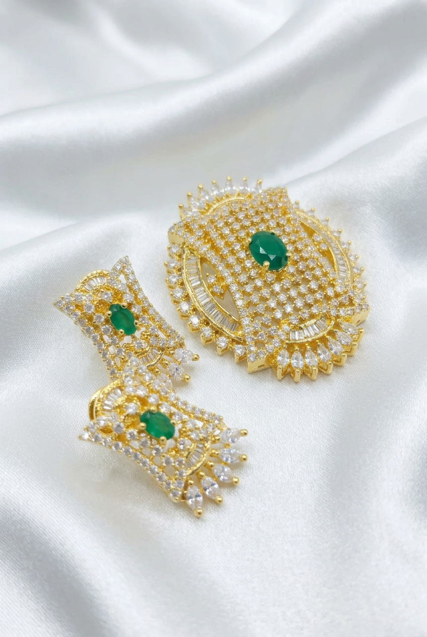 Gold-Plated CZ Green Rectangular Geometric Mugappu Set with Earrings
