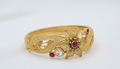 22K Gold Plated Antique Floral Kada Bracelet with Ruby & White CZ Stones