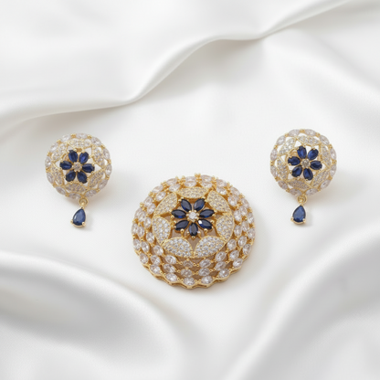 Gold-Plated CZ Dark Blue Dome Dome Design Mugappu Set with Earrings