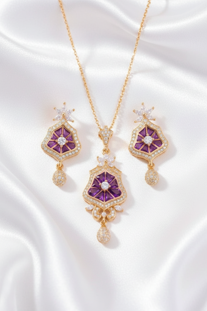 Elegant Multicolor CZ Pendant Necklace & Matching Earrings Set – Gold Finish Statement Jewelry