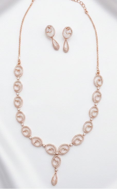 Rhodium-Plated Swirl Pattern Pave Zircon Stone Necklace and Earrings Set