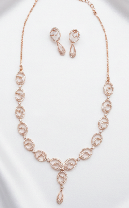Rhodium-Plated Swirl Pattern Pave Zircon Stone Necklace and Earrings Set