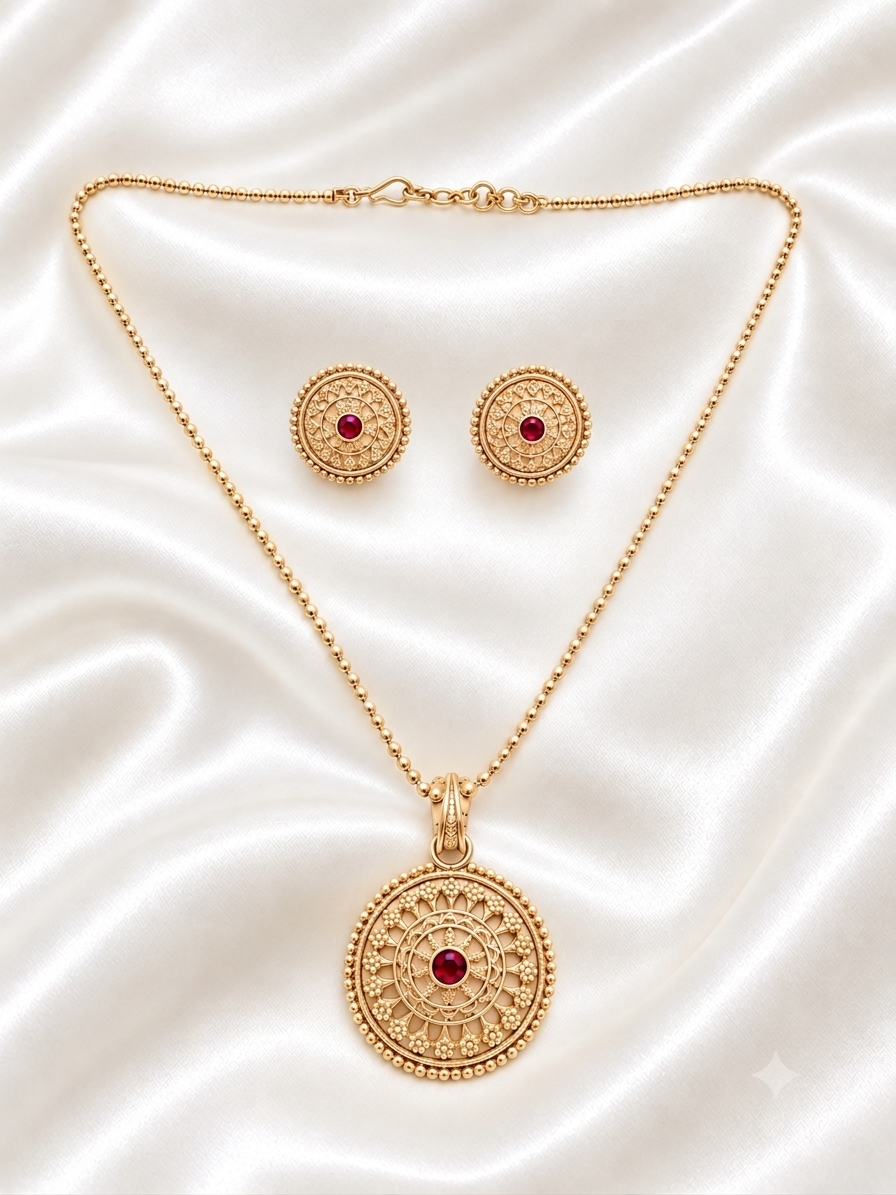 Antique Style Gold Sunburst Pendant Set with Matching Stud Earrings