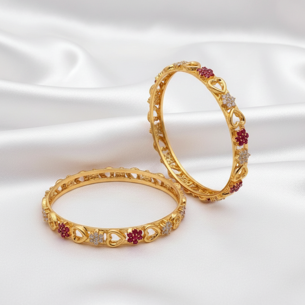 Gold Plated Ruby & White Stone Floral Heart Designer Bangle Set