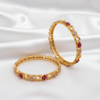 Gold Plated Ruby & White Stone Floral Heart Designer Bangle Set