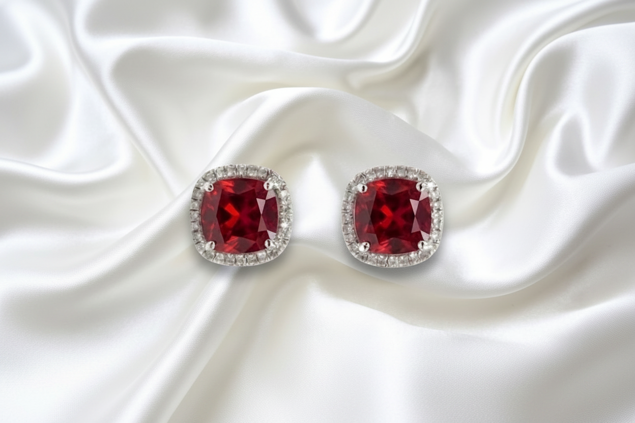 Sterling Silver Cushion-Cut Ruby and Sapphire Halo Stud Earring Set