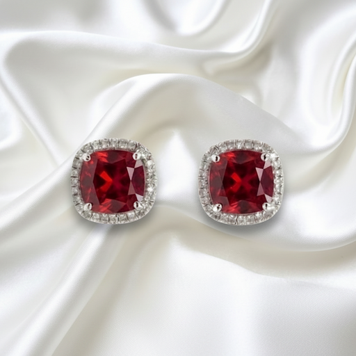 Sterling Silver Cushion-Cut Ruby and Sapphire Halo Stud Earring Set