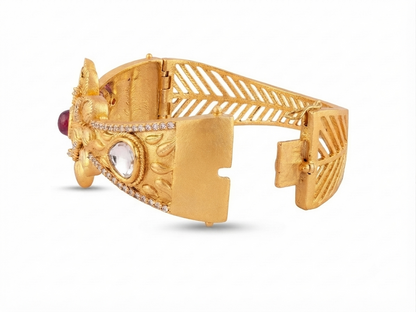 22K Gold Plated Antique Kada Bracelet  Gold Floral Statement Cuff Bracelet with Ruby & Crystal Accents