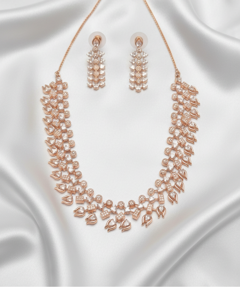 Layered Cluster Zircon Necklace Set with Matching Earrings