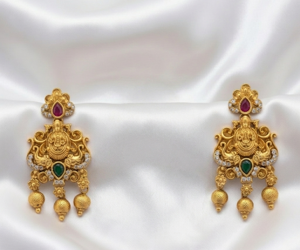 Antique Lakshmi Pendant  & Earrings Set with Ruby and Emerald Stones