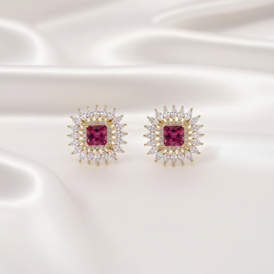 Gold Tone Square-Cut Pink Ruby Zircon Sunburst Statement Stud Earrings