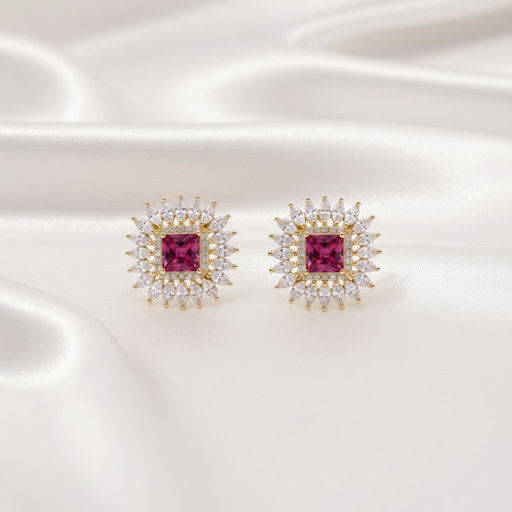 Gold Tone Square-Cut Pink Ruby Zircon Sunburst Statement Stud Earrings