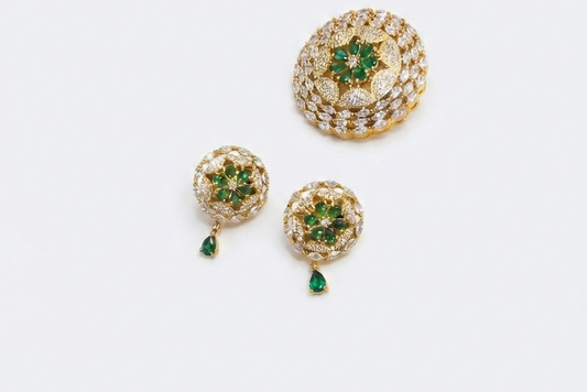 Gold-Plated CZ Green Dotted Dome Pendant Set with Earrings
