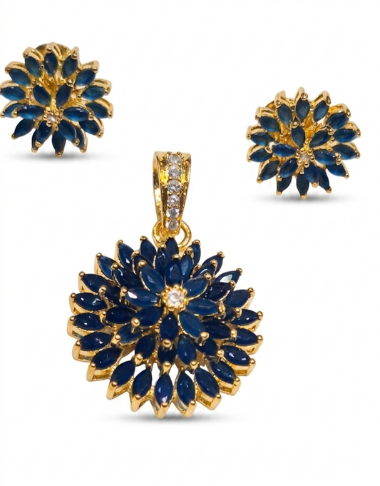 Gold-Plated CZ Blue Floral Cluster Pendant Set with Earrings