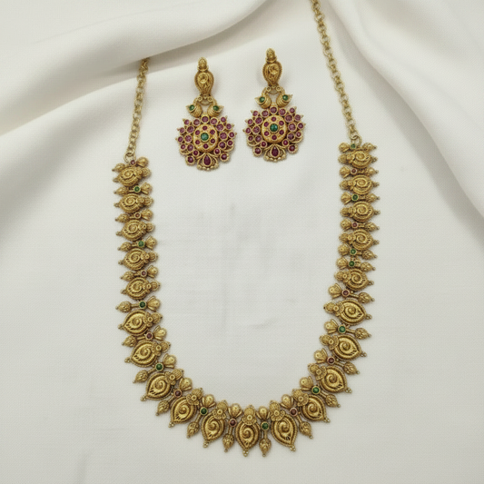 Antique Gold Plated Traditional Long Haram Necklace Set With Earrings