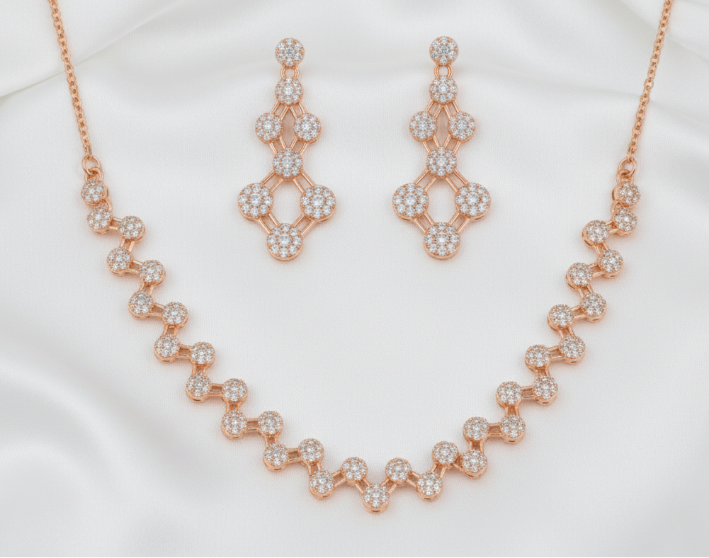 Rose Gold-Plated Geometric Zig-Zag Zircon Necklace Set
