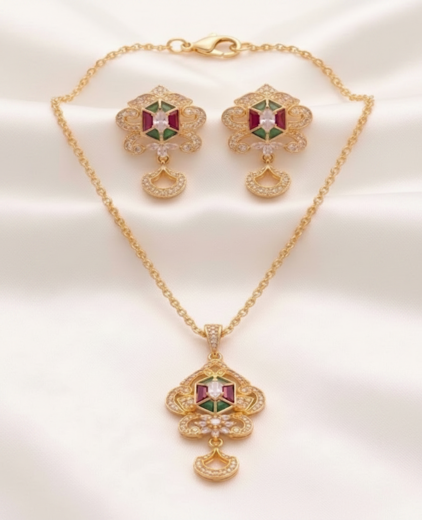 Elegant Gold-Tone Floral Necklace & Earring Set with Colorful Gemstone Accents