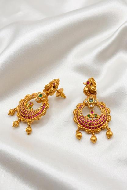 Traditional Antique Peacock Chandbali Earrings | Temple Ruby & Emerald Earrings