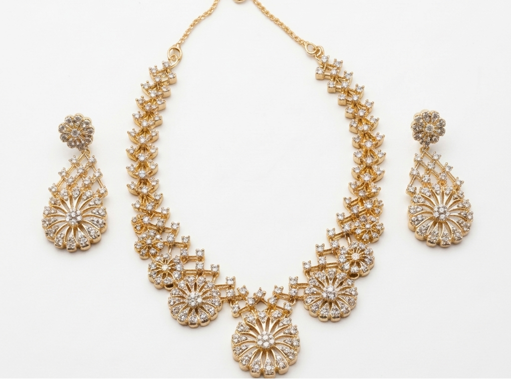 Elegant Gold-Tone Crystal Necklace & Earrings Set