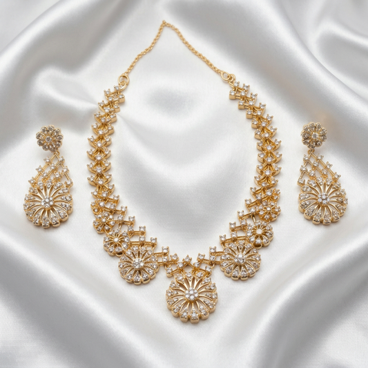 Gold-Plated Floral Sunburst Zircon Necklace Set with Earrings