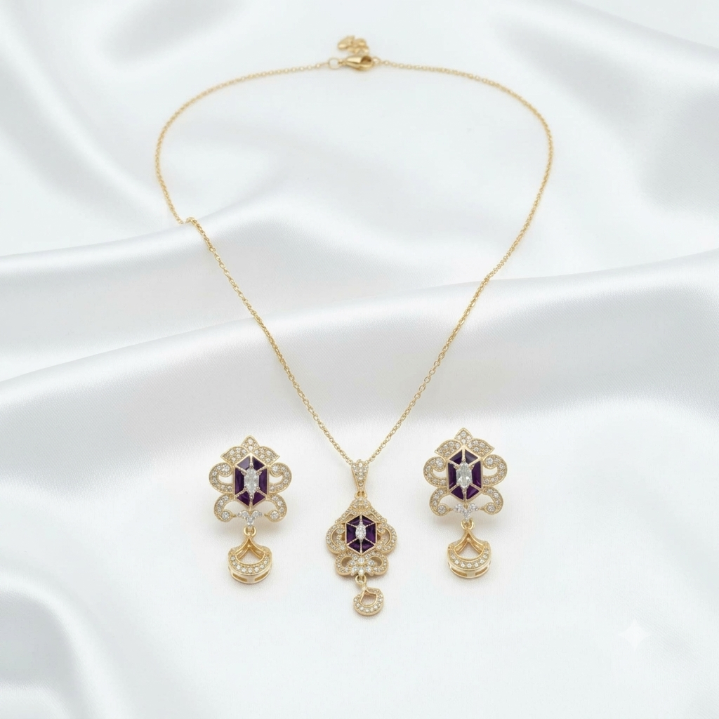 Elegant Gold-Tone Floral Necklace & Earring Set with Colorful Gemstone Accents
