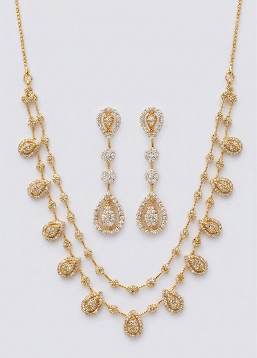 Double-Layer Zircon Stone Necklace and Earrings Set