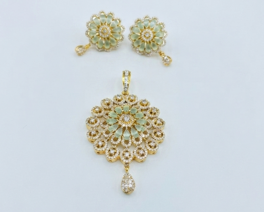 Gold-Plated CZ Mint Green Multi-Layer Round Pendant Set with Earrings