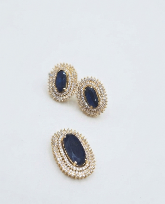 Gold-Plated CZ Black Oval Double Halo Pendant Set with Earrings