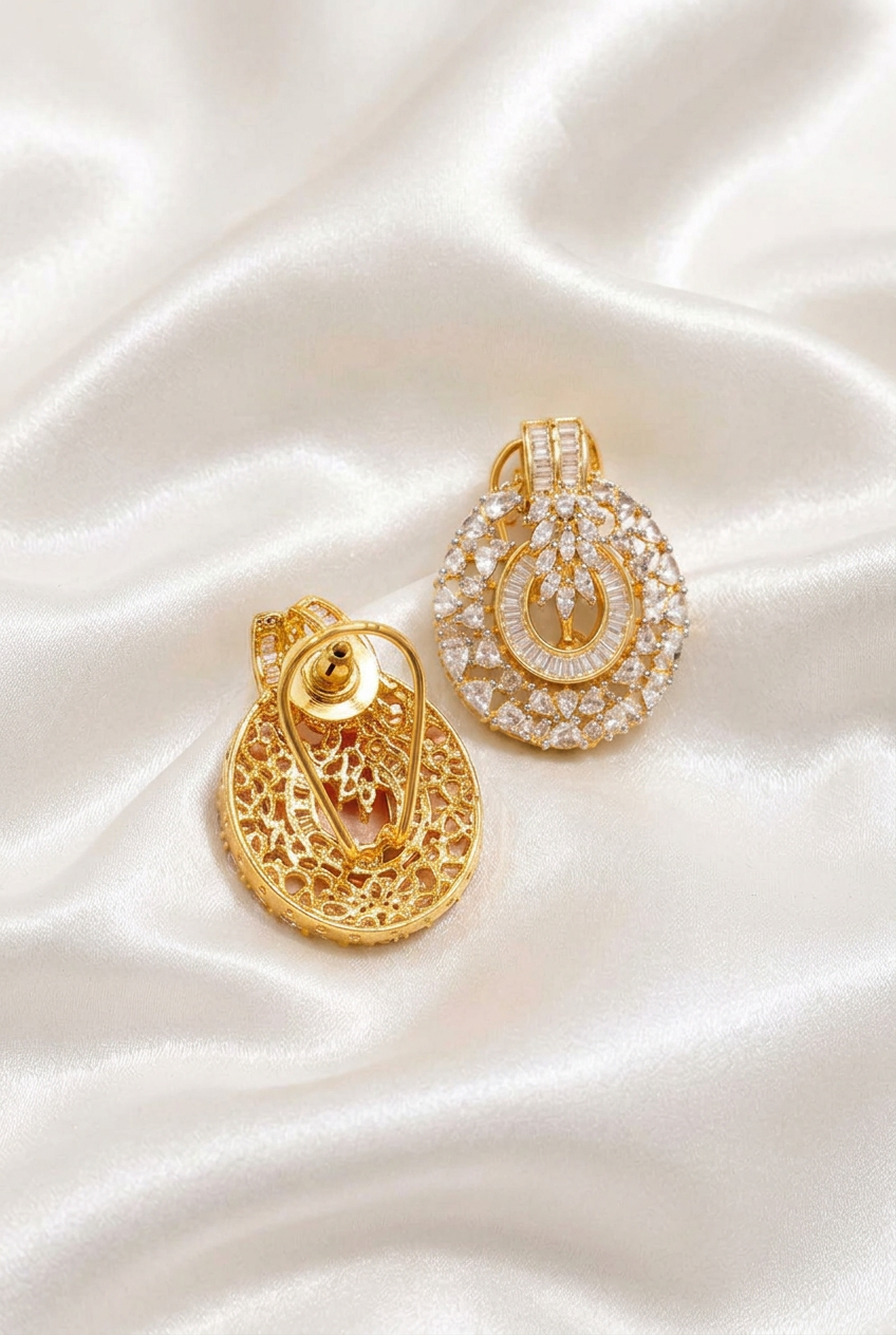 Gold Plated Sparkling CZ Diamond Statement Round Pendant & Earrings Set