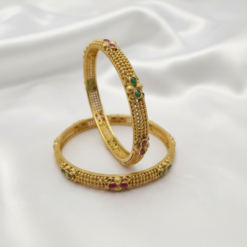 Antique Gold Plated Designer Bangle with Ruby & Emerald Stone Detailing