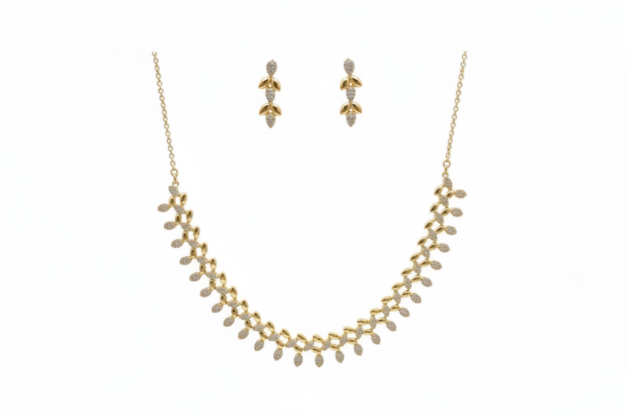 Rose Gold-Plated Double Leaf Vine Zircon Stone Necklace with Earrings