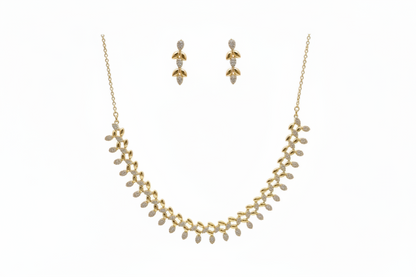 Rose Gold-Plated Double Leaf Vine Zircon Stone Necklace with Earrings