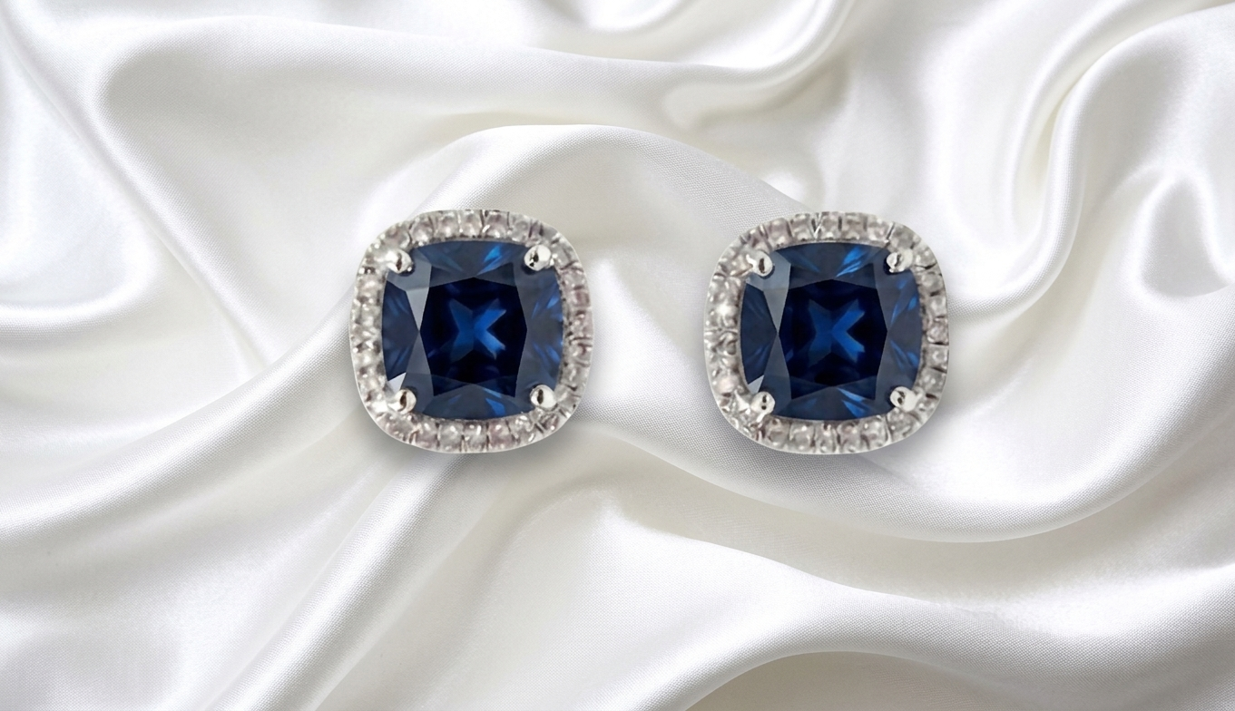 Sterling Silver Cushion-Cut Ruby and Sapphire Halo Stud Earring Set