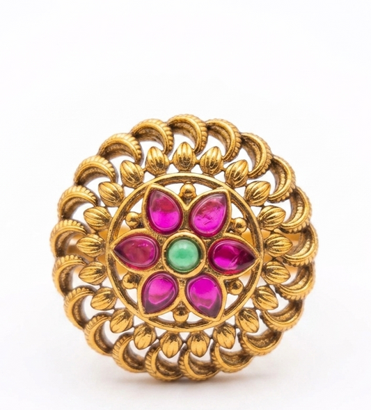 Traditional Temple Twisted Loop Design Ruby-Green Ring