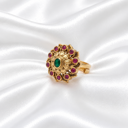 Antique Gold Tone Cluster Statement Ring with Ruby-Red Stones