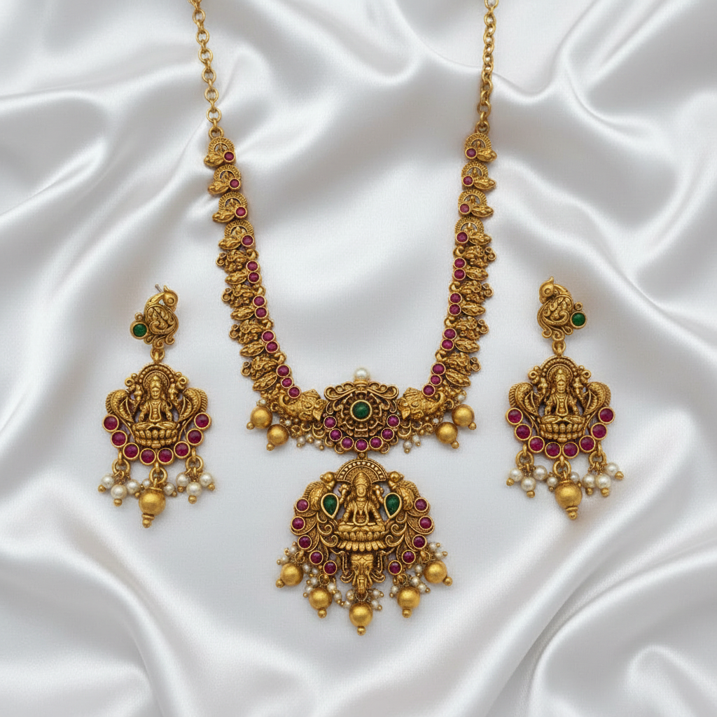 Matte Finish Goddess Lakshmi Temple Necklace Set with Earrings