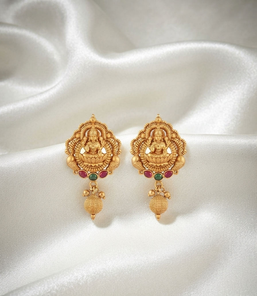 Traditional Antique Gold-Plated Lakshmi Stud Earrings with Ruby & Emerald Stones