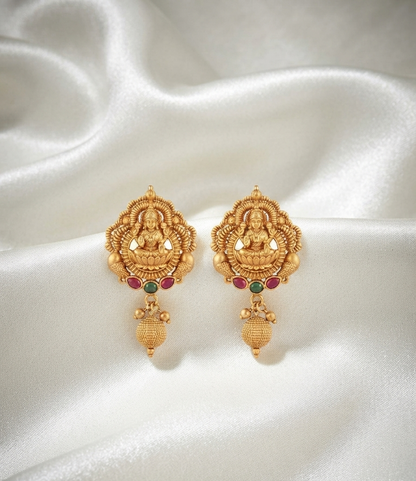 Traditional Antique Gold-Plated Lakshmi Stud Earrings with Ruby & Emerald Stones
