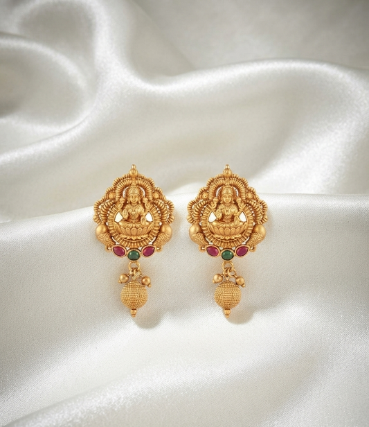 Traditional Antique Gold-Plated Lakshmi Stud Earrings with Ruby & Emerald Stones